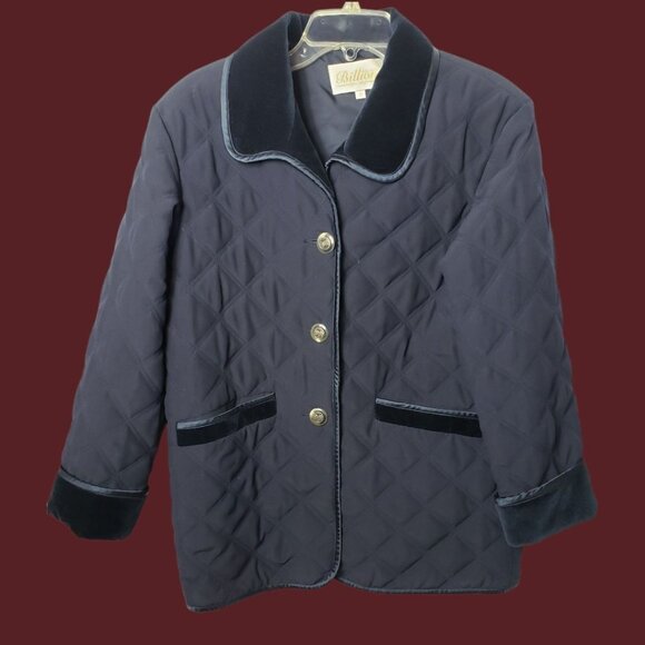 Vintage Billion Quilted Jacket With Velvet Collar Front Blue Navy Womens Size 7 - Picture 6 of 15